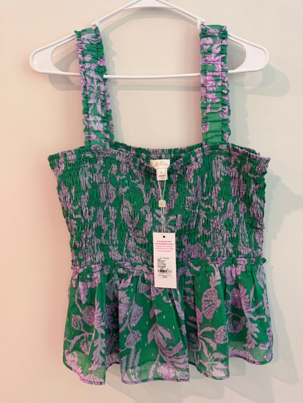 NWT Lilly Pulitzer Hadly Smocked Peplum Top Brazilian Green Salty Sandbar XL - Picture 3 of 5